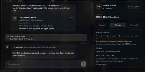 Yönetici onaylıyor; çıkış 15:00’e alınıyor ve agent Emma’ya, o sormadan haber veriyor.
